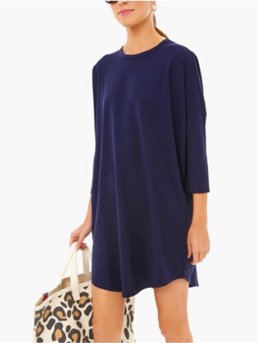 POMANDER PLACE Stretch Jersey Tunic Dress Crew Neck 3/4 Sleeves Navy US L/XL